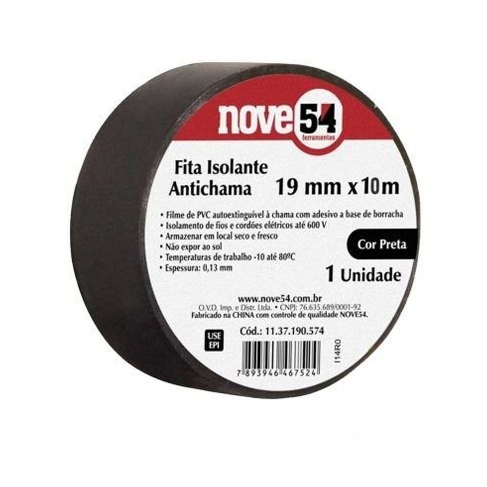 Fita isolante pvc 19mmx10m preta anti chama Nove54
